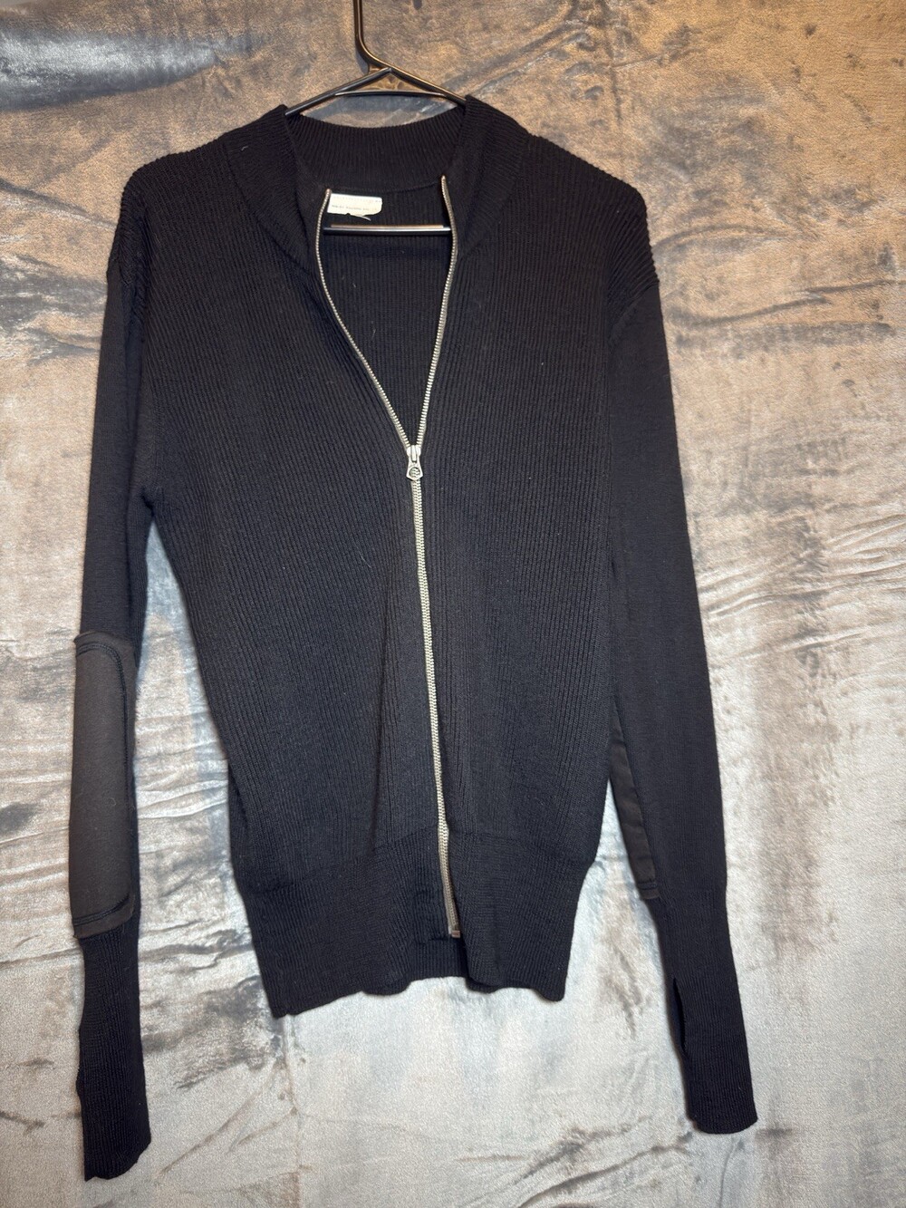 Ever Black Solid Merino Wool Knit Full Zip Mock Neck Logo Sweater Thumb Hole